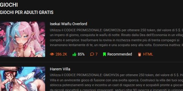 Elenco di giochi GamCore con miniature a sinistra e titoli, viste e voti a destra