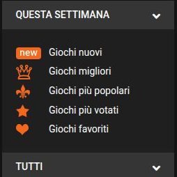 Colonna di sinistra di GamCore con le liste dei giochi e i tag principali